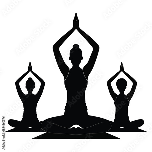 Black and white vector yoga illustration with five silhouettes