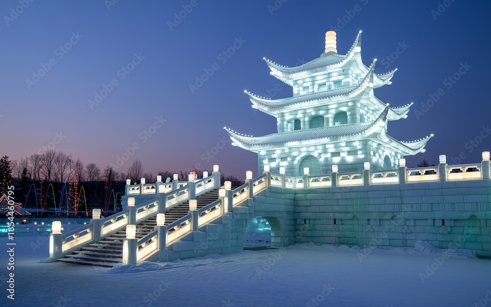 Obraz premium Harbin Ice Festival Glowing Chinese Pagoda Ice Sculpture Winter Night Photography.