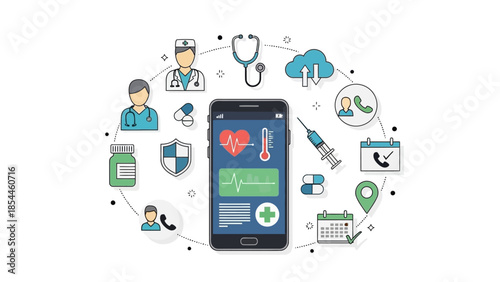 Healthcare mobile app concept with medical icons and smartphone