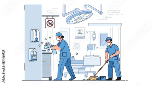 Healthcare workers cleaning a hospital room with medical equipment