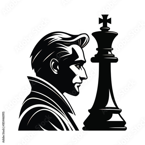 Man looking at large chess pieces in black and white vector