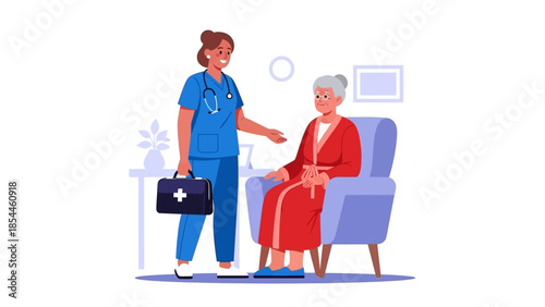 Nurse visiting elderly woman at home for healthcare support