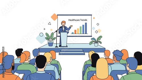 Business presentation on healthcare trends with diverse audience in vector style