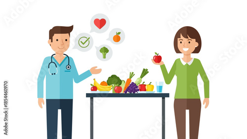 Doctor advising healthy eating habits with fresh vegetables and fruits