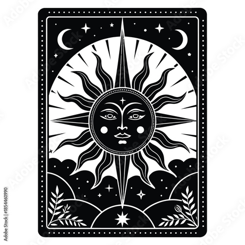 Black and white vector illustration of tarot cards with celestial