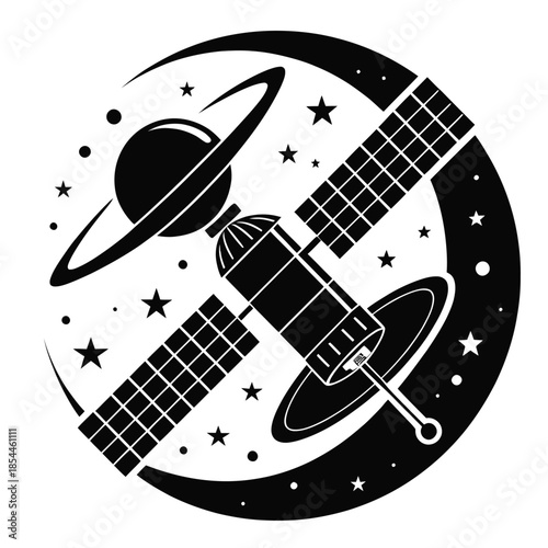 Black and white vector illustration of satellites orbiting