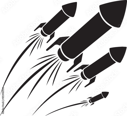 Black rockets launching with smoke trails space firework