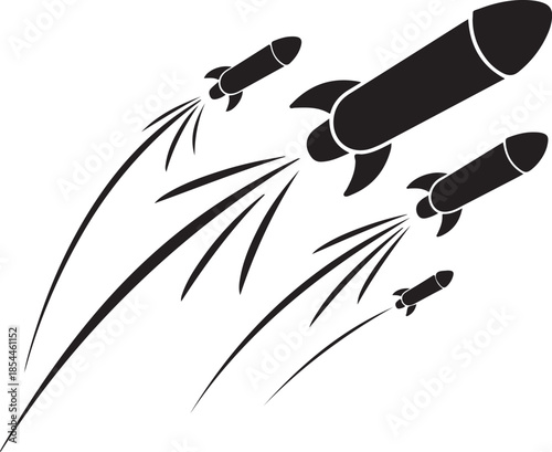 Black rockets launching with smoke trails on white background