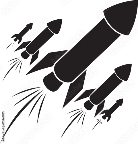 Black rockets launching with smoke trails space spaceship