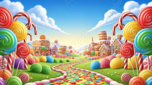 A magical journey through a colorful candy land with gingerbread houses and giant lollipops. Whimsical candyland pathway