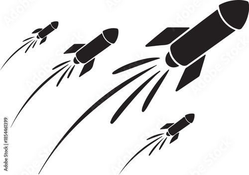 Black rockets launching with trails on white background