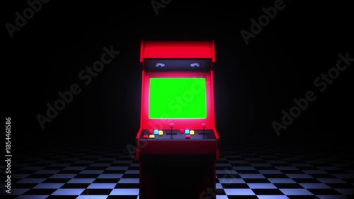 Retro Arcade Machine with Vibrant Green Screen and Colorful Buttons Against Dark Background Evokes Nostalgia and Excitement with Checkered Floor and Mysterious Atmosphere