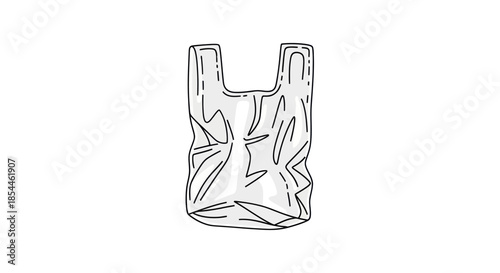 Crumpled white plastic shopping bag hand-drawn illustration.