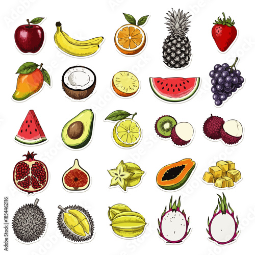 A vibrant collection of hand-drawn tropical and common fruits, including apples, bananas, mangoes, and pineapples, perfect for healthy eating and summer designs.