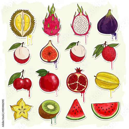 A vibrant collection of exotic and familiar fruits, artfully illustrated with dripping colors, celebrating healthy eating and tropical flavors.