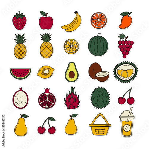 A vibrant collection of diverse, hand-drawn fruit icons, featuring popular tropical and temperate varieties, perfect for healthy eating and fresh designs.