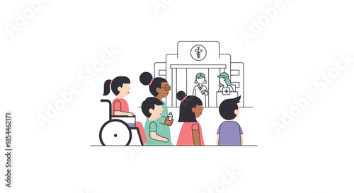 Diverse Group of People Waiting Outside a Hospital Including a Person in a Wheelchair.