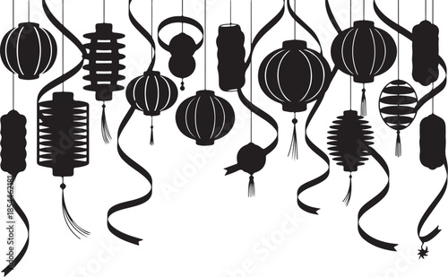 Black silhouette hanging lanterns and ribbons on white background