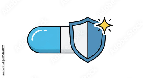 Blue Capsule Pill with Shield Symbolizing Healthcare Protection.