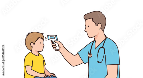 Doctor using a digital thermometer to check a childs temperature.
