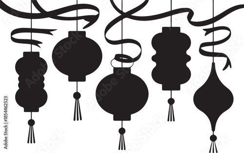 Black silhouette hanging lanterns with tassels and ribbons