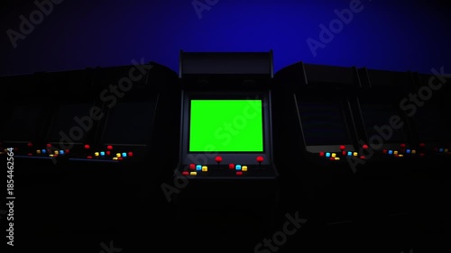 Nostalgic Retro Arcade Machine with Vibrant Green Screen and Colorful Buttons in Dim Lighting, Featuring Joystick for Interactive Play in Mysterious Setting