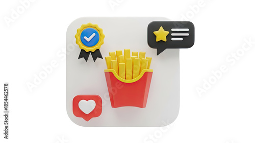 3D food icon with social media symbols on transparent background