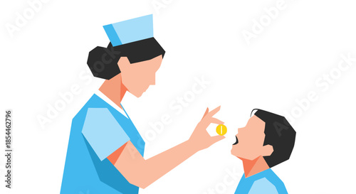 Nurse administering medication to a child healthcare concept illustration.