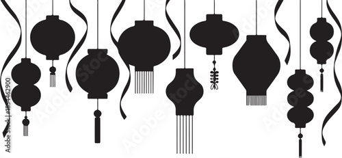 Black silhouette lanterns with tassels and ribbons