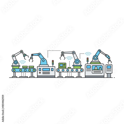 Automated production line with robotic arms, assembly machines, and conveyor belts, representing industrial automation and smart manufacturing concepts