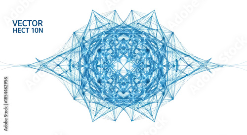 A complex symmetrical blue plexus structure with interconnected lines and nodes forming an abstract digital network.