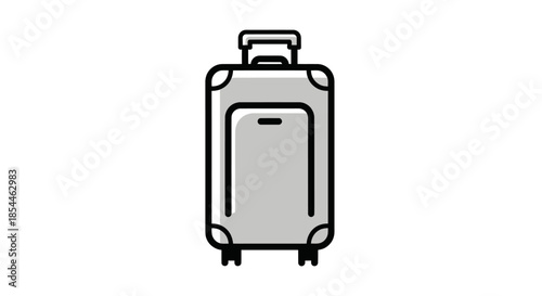 A simple grey rolling suitcase icon with a retractable handle and wheels for travel.