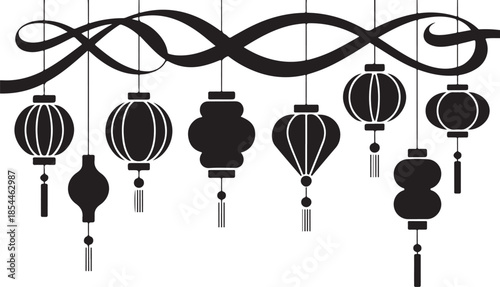 Black silhouette of assorted hanging lanterns with tassels