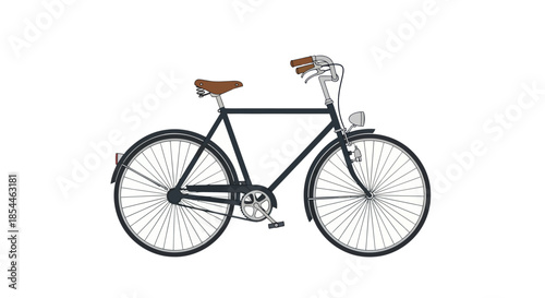 Classic Black Bicycle with Brown Leather Saddle and Handlebars.