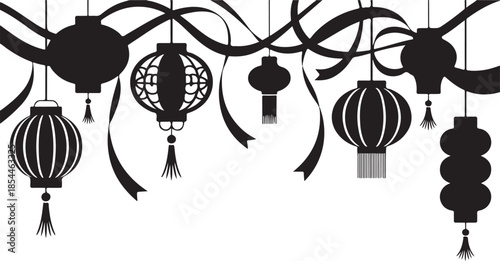 Black silhouette of hanging lanterns and ribbons white