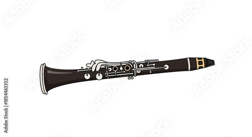 Detailed Illustration of a Dark Wood Clarinet with Silver Keys.