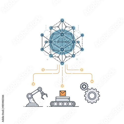 Abstract geometric network connecting to industrial automation elements like robotic arm, conveyor belt, and gears, representing AI and manufacturing integration