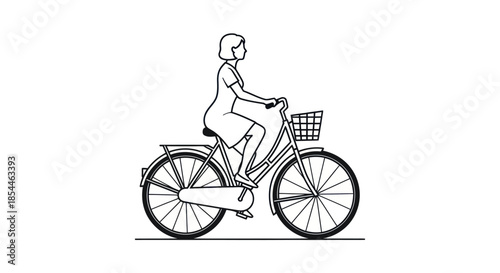 Woman Riding Bicycle with Basket Line Art Illustration.