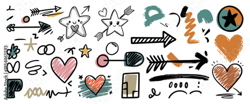 Collection of doodle sketch elements, including arrows, stars, hearts, brush strokes, and other whimsical designs for creative projects.