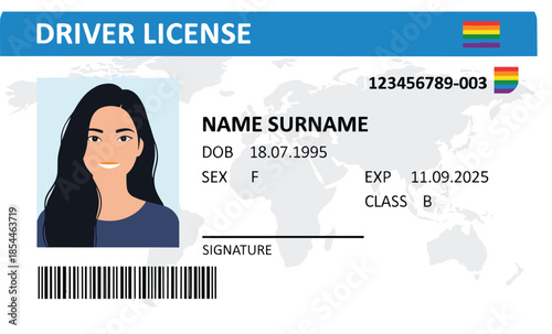Driver license identification card illustration, personal ID document with photo, barcode and details, official driving permit design, modern flat vector