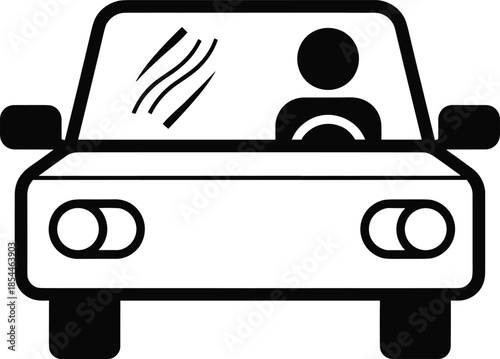 Car driving icon illustration, front view automobile with driver symbol, transportation concept, road travel design, black outline, cad drawing flat vector illustration