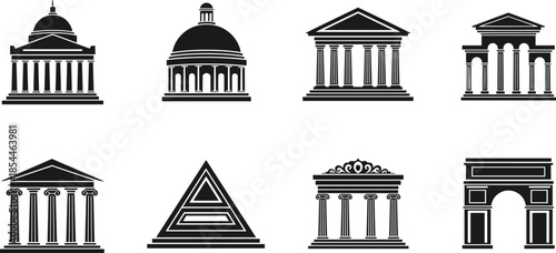 Classical architecture icons vector, ancient building silhouettes, roman greek columns, monument landmarks set, black cad drawing flat vector illustration