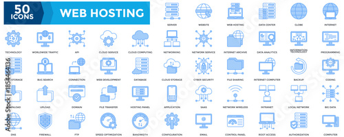 Web Hosting Icon Set. Containing Server, Website, Data Center, Internet, Programming, database, Big Data, Computer, Technology, cloud service Icon. Simple Lineal Blue Vector 