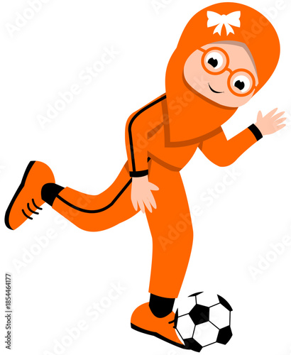 Muslim Girl Wearing Glasses Practicing Instep Pass Step 1 Soccer Illustration. Editable Color Vector