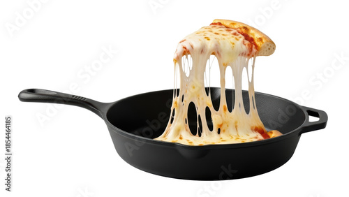 Slice of deep dish pizza with extremely stretchy melted cheese being lifted from a black cast iron skillet isolated on transparent background