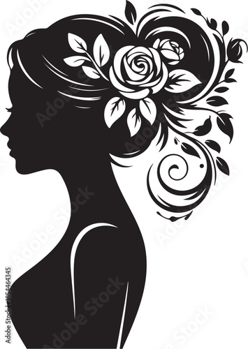 Black silhouette profile of a woman with floral hair ornament