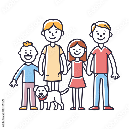 Smiling stick figure family members are standing together with their pets for representing family values and togetherness designs.