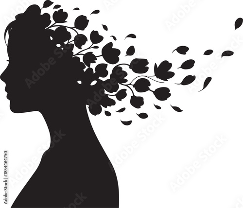 Black silhouette profile of woman with flowers and leaves blowing away