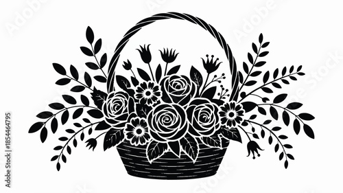 A black and white silhouette illustration of a floral arrangement in a basket 
