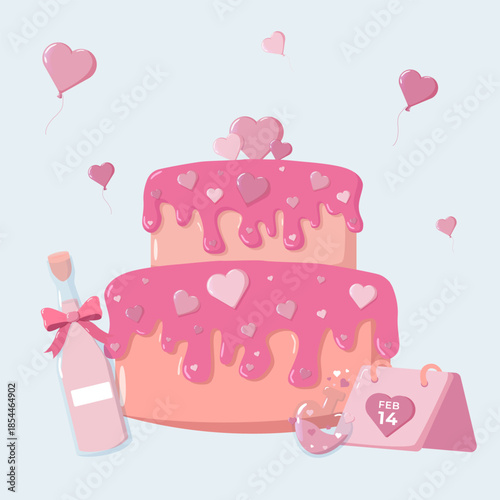 Valentine illustration with pink cake, FEB 14 calendar, bottle with bow and heart balloons in pastel style. Sweet romantic design for cards, decor, invitations and festive celebration themes